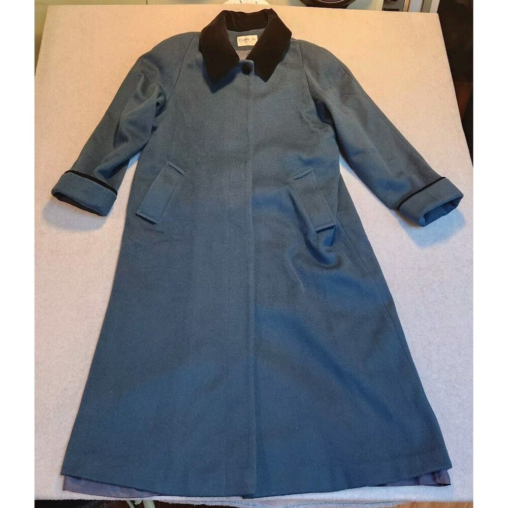 Vtg Cathy Jo Green Trench Coat Winter Duster Size L? 75% Wool